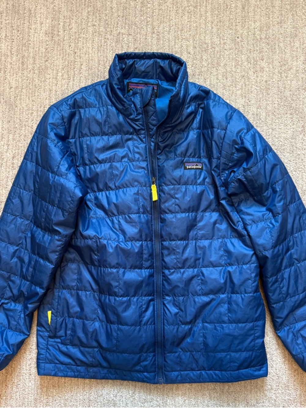 Patagonia Kids Blue Quilted Packable Puffer Jacket with Yellow Accents size 14